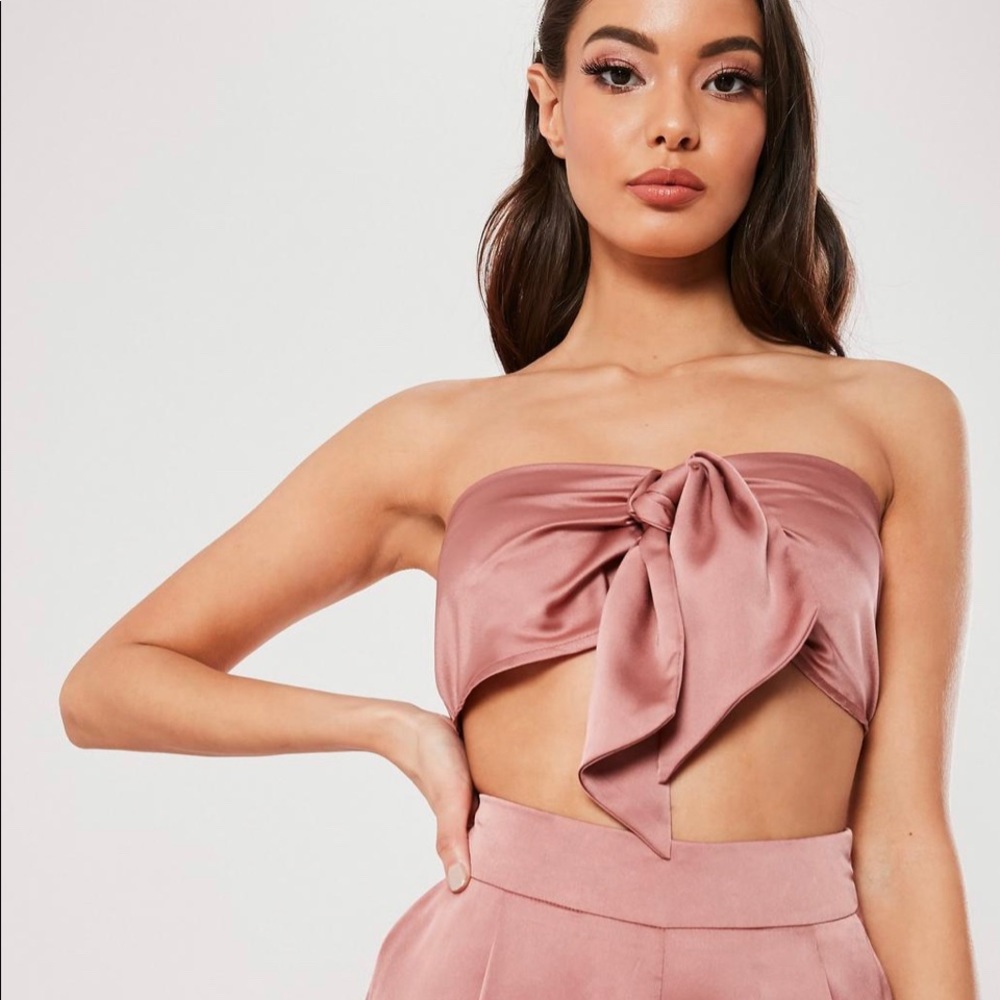 Petite Blush Satin Tie Front Co Ord Top